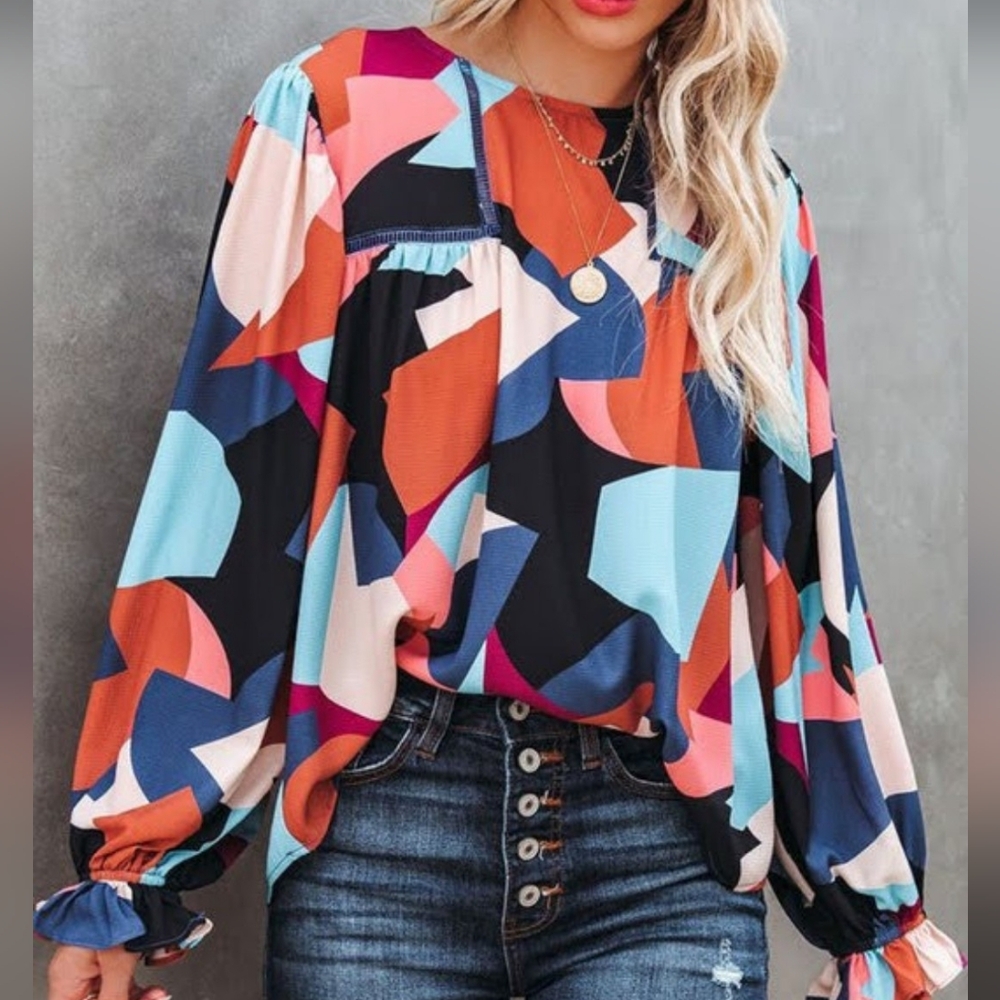 NWT, Long Sleeve Peasant Top, Geo Print, Blue Rust Cream